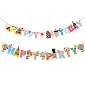 Colorful cartoon 'HAPPY BIRTHDAY' and 'HAPPY PARTY' paper banners for kids party decoration