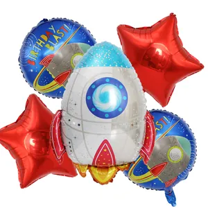 Space theme balloon set featuring rocket and star foil balloons for kid's birthday party