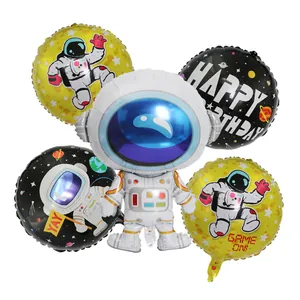 Detailed view of space theme birthday party balloon set with cartoon astronaut figures