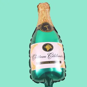 Detailed macro view of a green champagne bottle shaped aluminum foil party balloon
