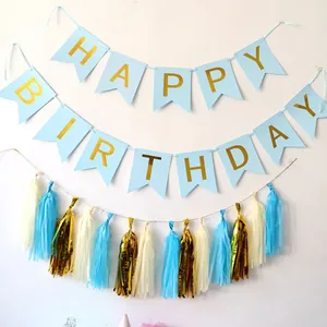 Light blue and gold Happy Birthday banner kit with decorative paper tassels for party