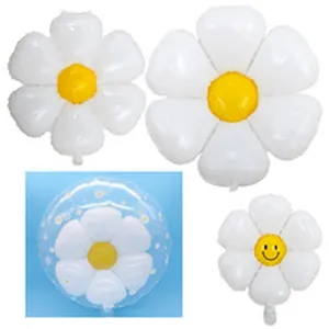 Various styles of white daisy foil balloons featuring smiley faces and balloon-in-balloon designs.