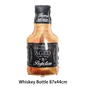 Whiskey bottle shaped foil balloon featuring Aged to Perfection text for party decor