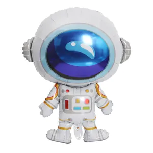 Detailed view of white astronaut foil balloon for space-themed birthday party decoration