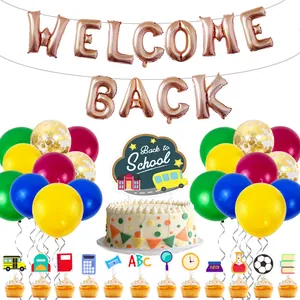 Complete Back to School decoration set featuring rose gold foil balloons and cake toppers