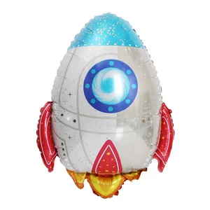 Rocket shaped foil balloon for space themed baby birthday party decoration.