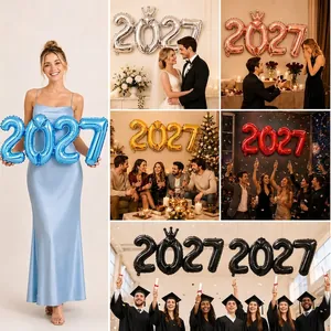 2027 Globo de Número Conjunto Corona Número Conectado Globo de Aluminio Para Año Nuevo Aniversario Fiesta Decoración