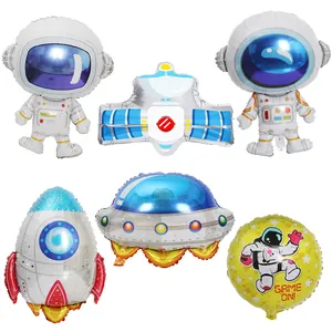 Space theme birthday party balloon set with astronauts, rocket, satellite and UFO shapes.