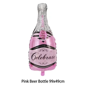 Large pink champagne bottle foil balloon for birthday party decoration, size 99x49cm