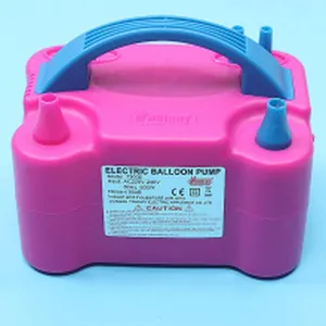 Detail of portable electric balloon pump showing pink body and dual nozzles