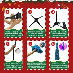 Easy 6-step assembly guide for a folding blue tinsel Christmas tree featuring LED lights
