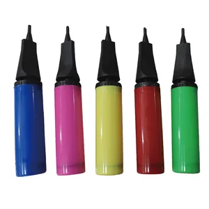 Set of five colorful plastic portable hand air pumps for inflating balloons effortlessly