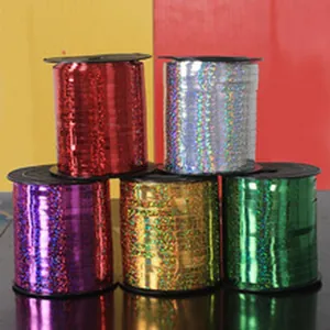 Group of colorful holographic curling ribbons for balloon tying and gift decoration.