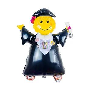 Detailed view of graduation smiley face doctor foil balloon with Good Luck design