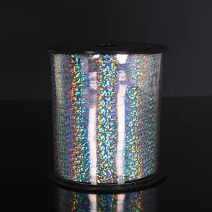 Detail view of 250-yard silver laser holographic ribbon for party decorations