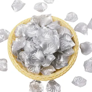 Realistic silver artificial silk rose petals in woven basket for wedding celebration decor