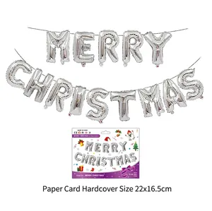 Silver 16-inch Merry Christmas foil balloon letters set shown with paper card packaging detail
