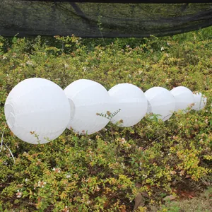 Row of white round paper lanterns in various sizes arranged on green bushes outdoors.