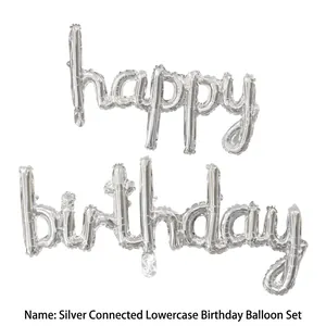 Silver script happy birthday foil balloon in connected lowercase font for party decor