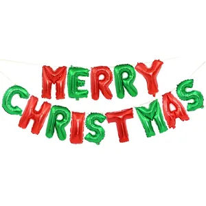 Festive red and green MERRY CHRISTMAS foil letter balloons set for holiday decor.