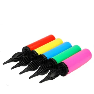 Five colorful handheld manual balloon pumps in red yellow blue green and pink colors