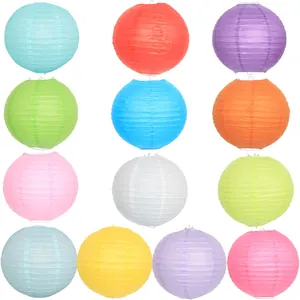 Assortment of colorful decorative round paper lanterns in various vibrant festive colors