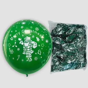 Green Christmas latex balloon with Santa Claus print shown inflated beside a bulk package