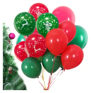 Festive red and green Christmas latex balloons with Merry Christmas snowflake prints.