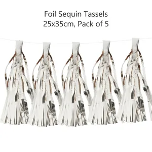 Set of 5 silver foil tassel garland decorations for party events, measuring 25x35cm