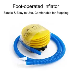 Pompe à air à pied jaune avec tuyau bleu flexible pour ballons et articles gonflables divers