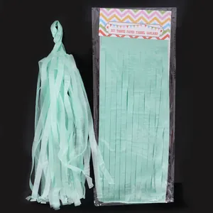 Detail view of mint green tissue paper tassel with DIY garland packaging