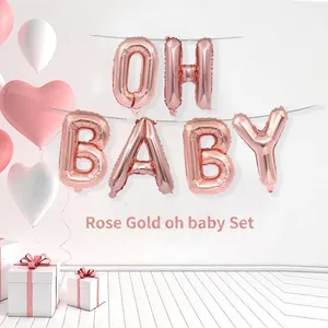 Rose gold OH BABY foil balloons set for baby shower and first birthday party decorations.