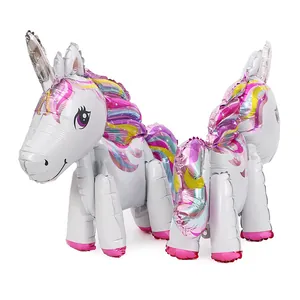 Detailed view of 3D standing rainbow unicorn foil balloons for kids party decoration