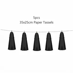 Zwarte papieren kwastjesslinger voor de Halloween-feestdecoratie, set van 5 stuks.