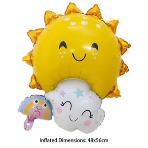 Detailed shot of smiley sun cloud rainbow foil balloon with inflated size 48x56cm measurement
