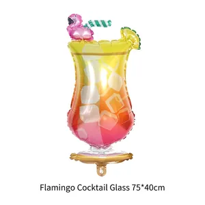 Detailed view of a flamingo cocktail glass shaped foil balloon for party decorations