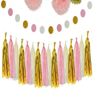 Festive pink and gold foil tassel garland for birthday and wedding party decorations