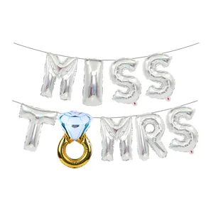 Globos MISS TO MRS plateados con anillo de diamante dorado para fiesta nupcial