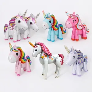 3D Walking Unicorn Foil Balloon Aluminum Film Cartoon Rainbow Pony Animal Balloon For Kids Birthday Party Decoration Supplies