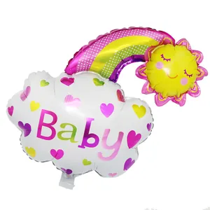 Detailed view of cloud and sun foil balloon with rainbow and Baby text for party
