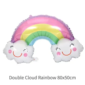 Detailed view of a smiley cloud rainbow aluminum foil balloon, measures 80x50cm