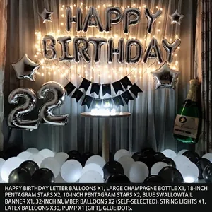 Silver foil birthday balloon set with champagne bottle and fairy lights for party background