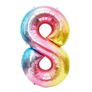 Detail showing the vibrant rainbow gradient and metallic texture of number 8 foil balloon