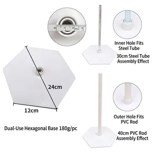 Detail view of 24cm hexagonal balloon arch base with 180g weight and rod compatibility