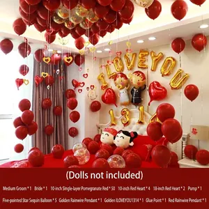 Romantische trouwkamer decoratieset met rode hartballonnen en gouden accessoires