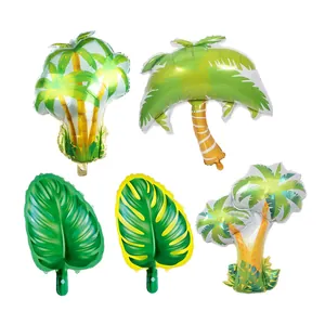 Set of tropical palm tree and Monstera leaf foil balloons for Hawaiian party decor
