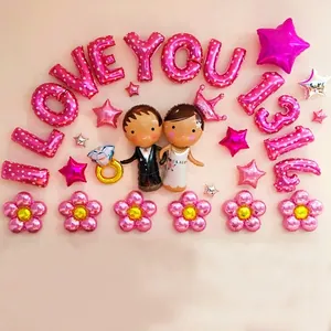 Huwelijksdecoratie ballonset met een cartoon bruidspaar en roze I Love You letters