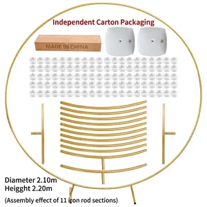 Detailed kit components of a gold iron balloon arch showing rods, bases, and clips