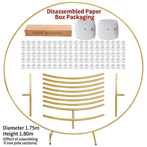 Detail view of 1.75m gold metal arch kit components including bases and clips