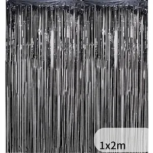 Cortina de flecos metálicos negros brillantes de 1x2m para decoración de fiestas y eventos